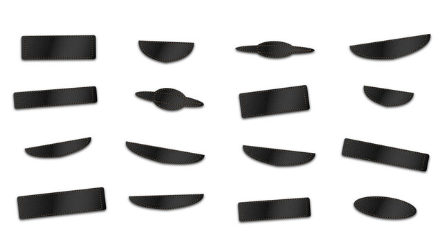 Black leather patches and shapes isolated on transparent background