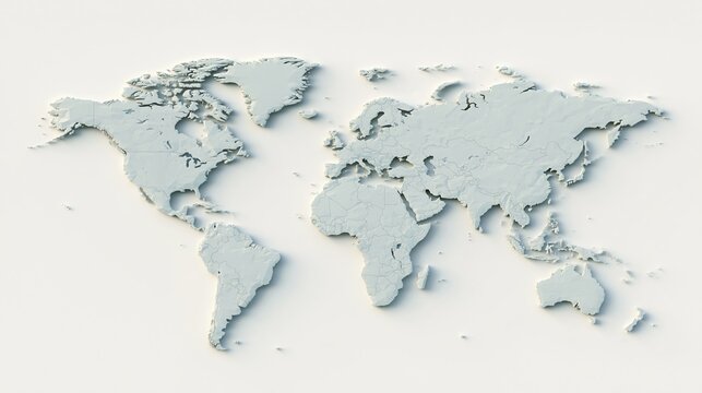 Three dimensional light blue world map on white