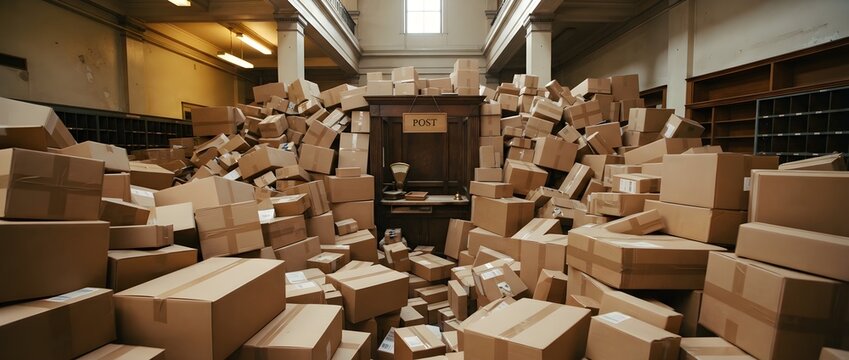 A massive chaotic pile of cardboard boxes filling an old vintage mailroom with a counter in the center, showcasing an overwhelming backlog of shipping parcels.