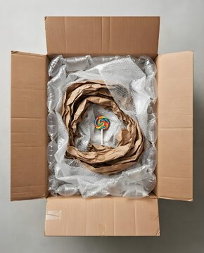 An open cardboard shipping box filled with protective bubble wrap, air pillows, and brown paper padding, featuring a single colorful rainbow spiral lollipop inside.
