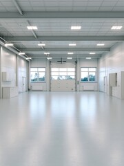 Fototapeta premium Spacious clean industrial garage interior with white cabinets