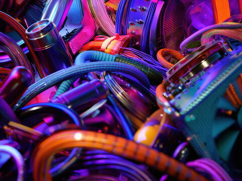 Colorful tangled cables wires close up neon purple orange teal