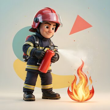 Cartoon Firefighter Using Extinguisher on Flame