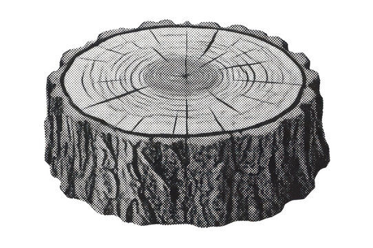 Detailed illustration of a tree stump showing annual growth rings and rough bark texture.