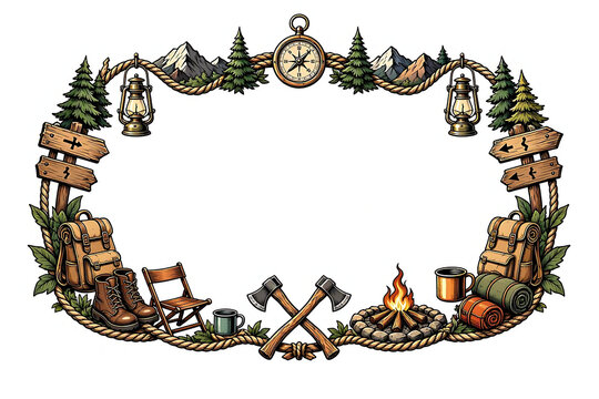 Scenic camping wilderness border with mountain landscape and travel accessories outdoor background adventure illustration hiking equipment hiking boots camping frame