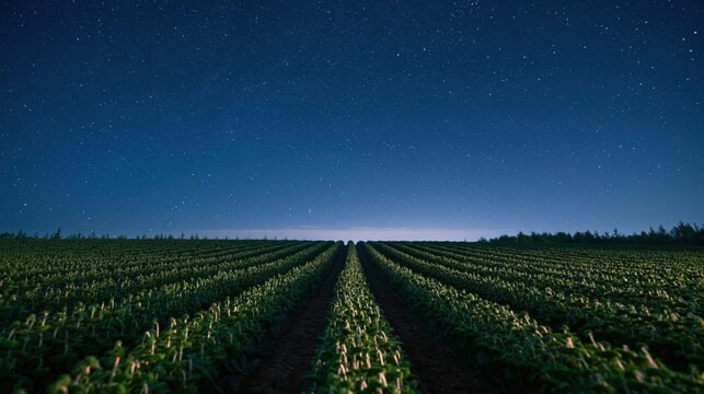 Starlit night sky above endless green crop rows