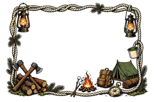 Camping border illustration with campfire tent backpack vintage kerosene lamps camping equipment hiking gear outdoor adventure vintage lantern adventure background