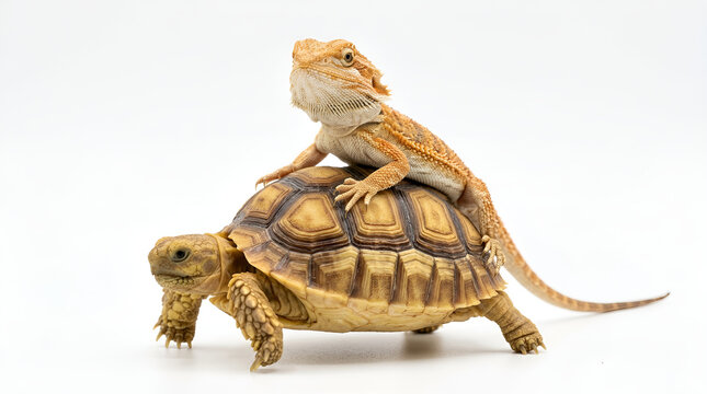 Orange spiky bearded dragon lizard sitting riding on back of brown land tortoise hexagonal pattern shell, funny interaction two exotic reptiles walking slowly, clean white minimalist background