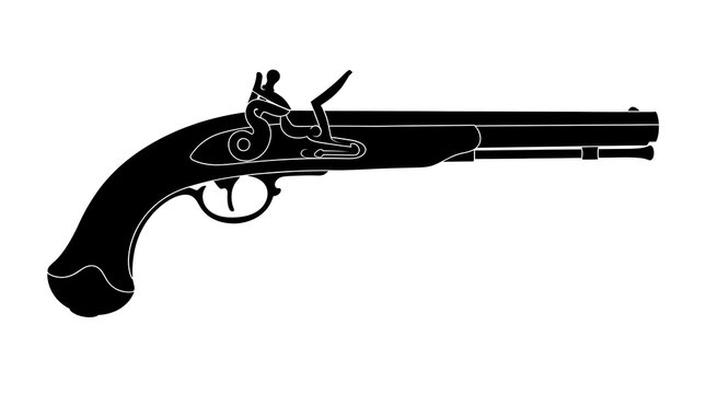 Black silhouette of a classic flintlock pistol isolated on a white background. This vintage firearm icon represents pirates, historical weapons, and antique guns.