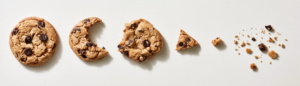 Chocolate chip cookie eaten in sequence on white