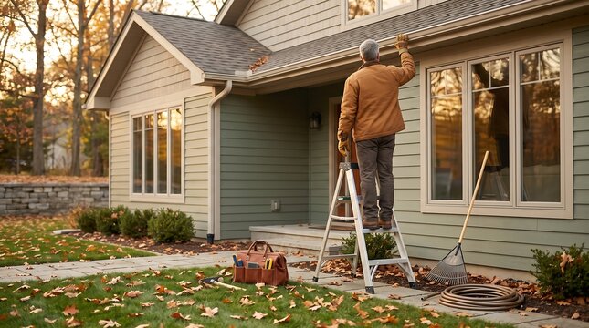 Man cleaning gutters on ladder during autumn, surrounded by fallen leaves and yard tools.