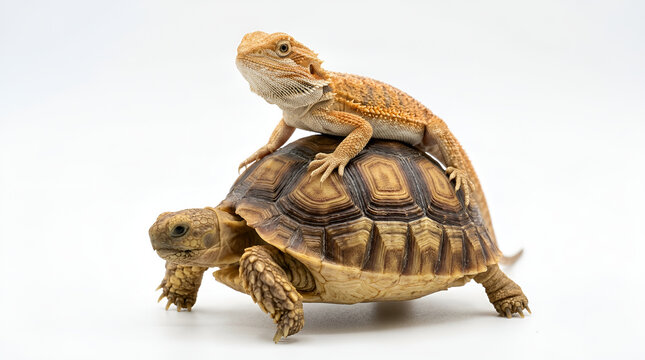 Orange spiky bearded dragon lizard sitting riding on back of brown land tortoise hexagonal pattern shell, funny interaction two exotic reptiles walking slowly, clean white minimalist background