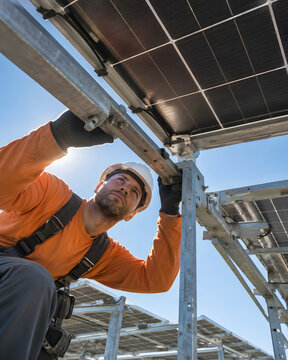 Technician inspecting solar panel hardware from a dramatic underside perspective.