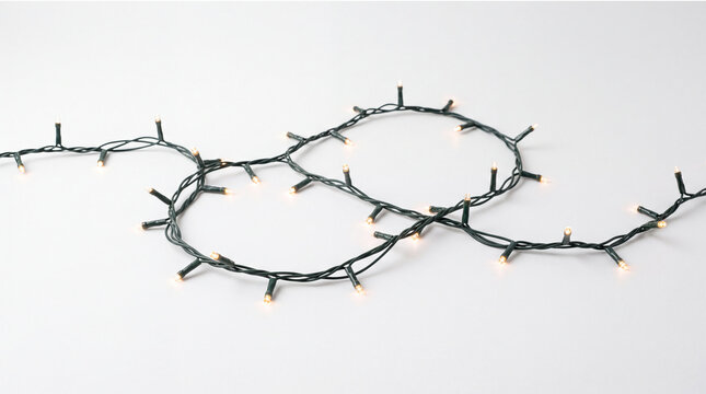 String lights glow in loops on a white background.
