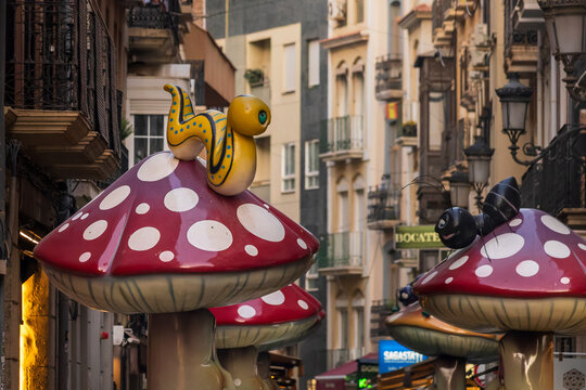 colorful mushroom sculptures on calle de las setas Alicante, Spain August 17. 2026 