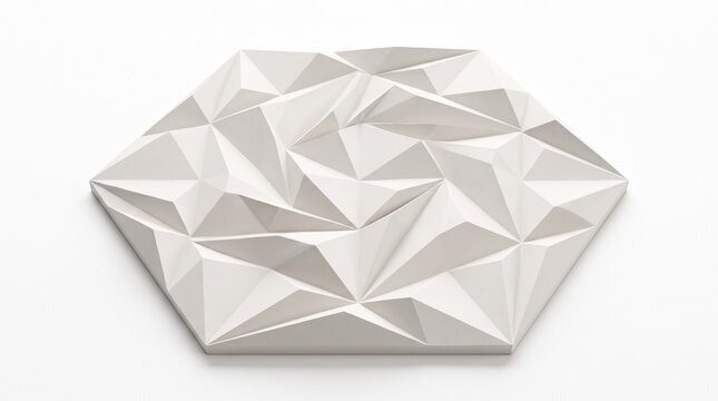 Geometric white hexagon wall tile with 3D low poly surface, modern architectural decorative panel, abstract crystalline plaster texture isolated PNG with Transparent Background