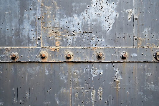 Close view of heavily rusted metal surface with bolts and industrial rivets.
