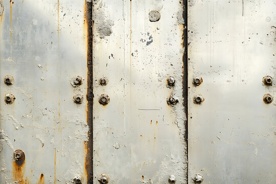 Rusty riveted metal panel with detailed industrial surface texture.