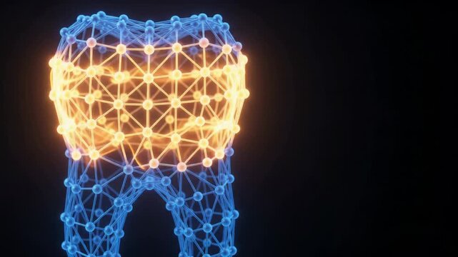 3D digital wireframe animation of a glowing blue human molar tooth against a dark background.
