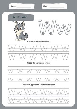 Educational worksheet for children to practice writing and tracing uppercase and lowercase letter W. Printable handwriting practice activity page designed for preschool, kindergarten, and early elemen