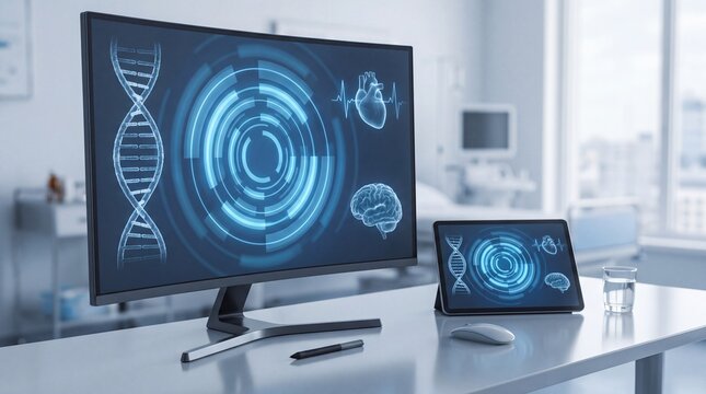 Futuristic technology in healthcare showcasing data visualization on screens, emphasizing innovation and precision.
