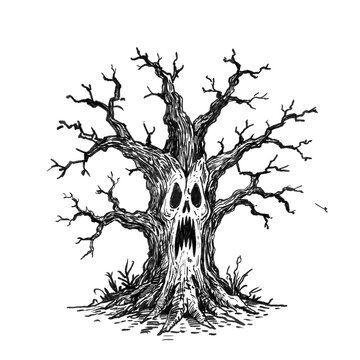 Spooky Halloween tree monster doodle icon isolated on transparent background, creepy artline ink illustration