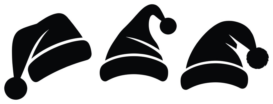Set of three black silhouette santa claus hats for christmas holiday design elements Vector