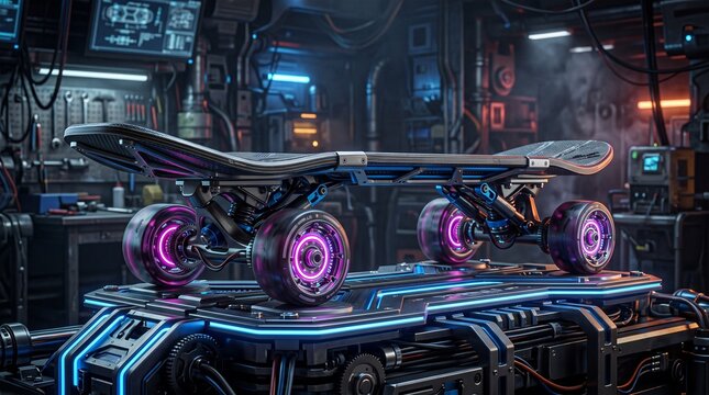 High-tech skateboard with exposed mechanical trucks and illuminated wheel bearings, featuring carbon composite construction and blue, pink-purple cyberpunk lighting.