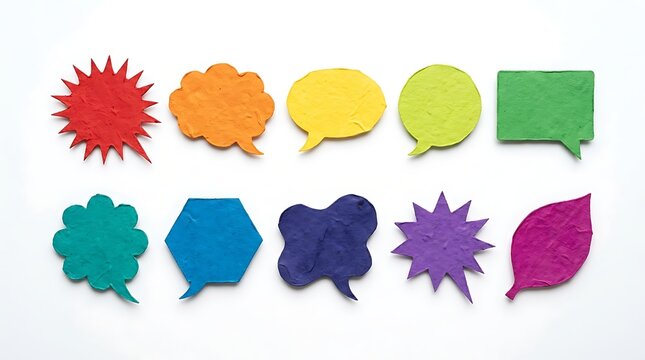 Set of colorful handmade paper speech bubbles isolated on white background