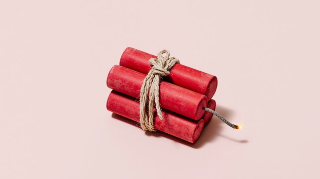 Red dynamite bundle with burning fuse tied by rope, representing impending risk, countdown, and crucial moments