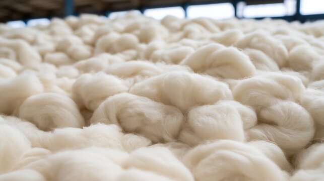 Piles of raw white wool awaiting processing in