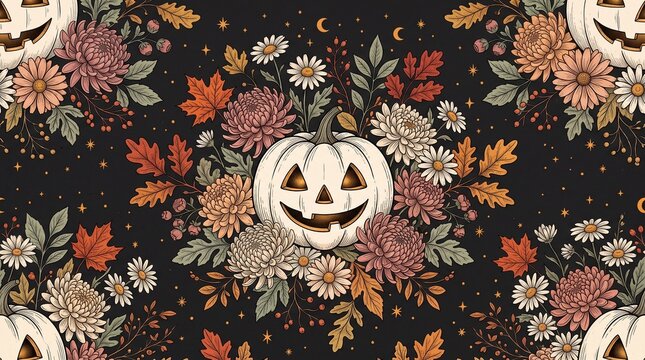Botanical Halloween Pumpkin Seamless Pattern   