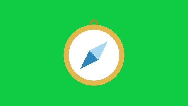 An animated flat compass icon used for navigation and travel direction guidance on a green screen background.