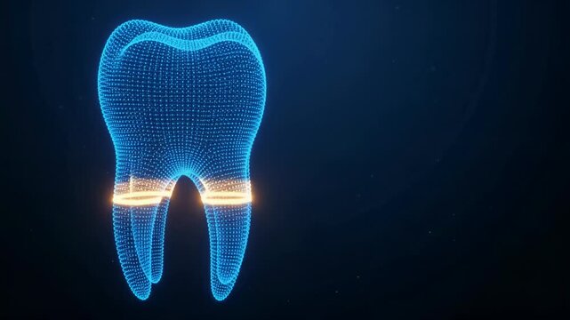 Blue digital wireframe model of a human tooth on a dark background for dental technology video.