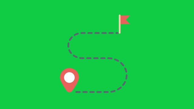 Animated map route navigation featuring a red location pin and destination flag connected by a dashed line on a green screen.