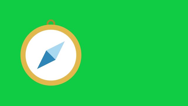 Flat animated compass icon with a spinning blue needle for navigation travel and direction guidance on green screen chroma key