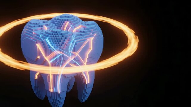 3D voxel art animation of a glowing blue molar tooth against a black background, representing digital dental health and technology.