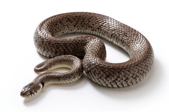 Brown snake coiled in S shape on white
