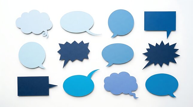Set of various blue speech bubbles isolated on white background