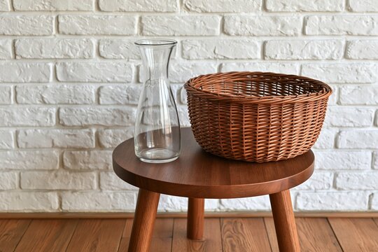 Wicker basket and glass carafe on wooden table
