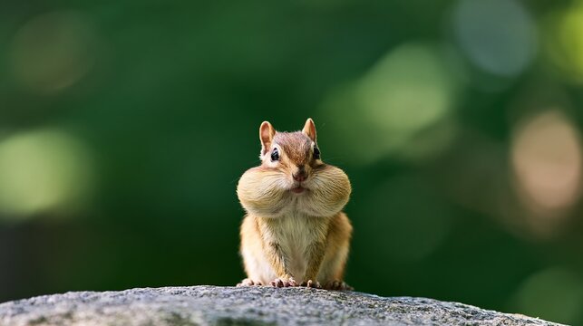 Chipmunk standing upright on a textured rock, its cheeks bulging with collected food, preparing for winter