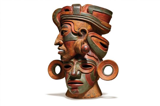Stacked carved wooden masks with red and green