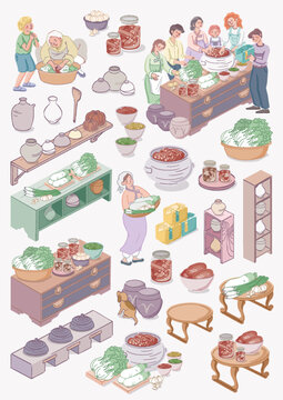 Kimjang Korean Kimchi Making Culture Vector Illustration with Diverse People for stickers and icons 