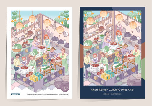 Kimjang Korean Kimchi Making Culture with Diverse People Notebook Template Set Vector Illustration