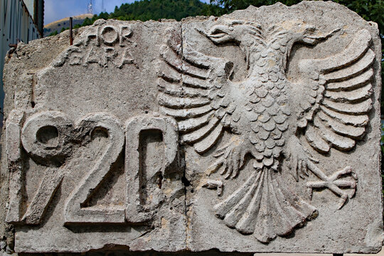 Albanian Stone Memorial with 1920 Date and Double-Headed Eagle