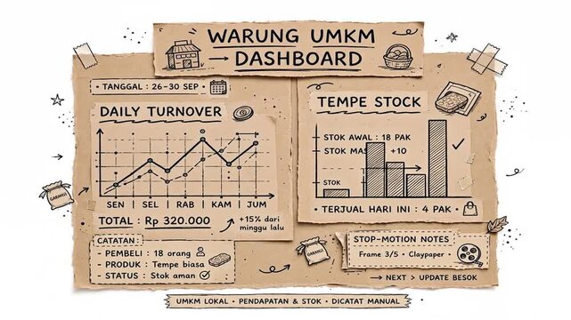Stop motion animation of a handmade local business dashboard on brown cardboard showing daily turnover graphs and stock data