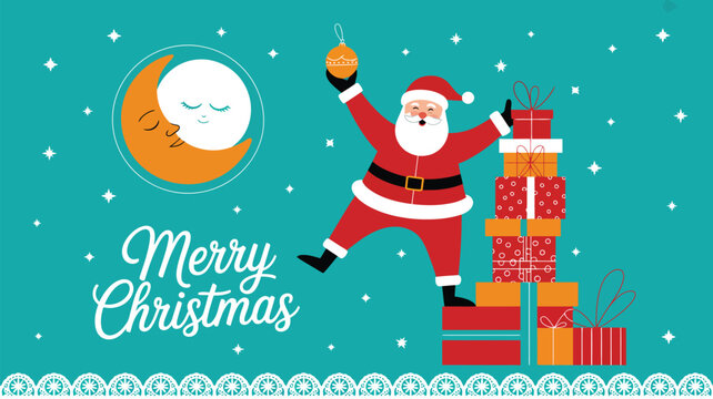 Jolly Santa Claus balancing on a pile of presents under a starry night sky