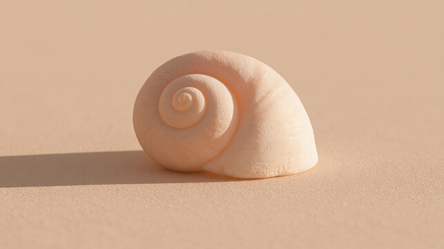 Sunlit seashell macro on sandy surface evokes calm through natural spiral form and warm coastal light, creating peaceful minimalist composition