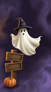 Whimsical Halloween illustration featuring friendly ghost wearing witch hat near wooden sign and pumpkin