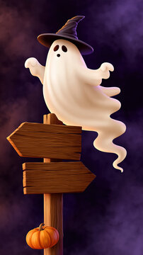 Whimsical Halloween illustration featuring friendly ghost wearing witch hat above wooden signpost